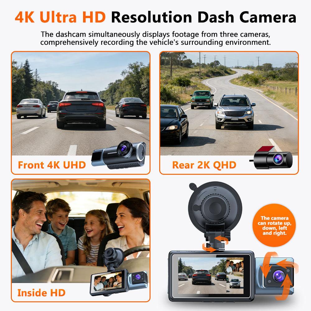 Κάμερα Αυτοκινήτου 4K 3 Καναλιών - Τριπλή Εγγραφή, Νυχτερινή Όραση, Ευρυγώνια, WiFi, Συγχρονισμός με Τηλέφωνο, Παρακολούθηση Στάθμευσης