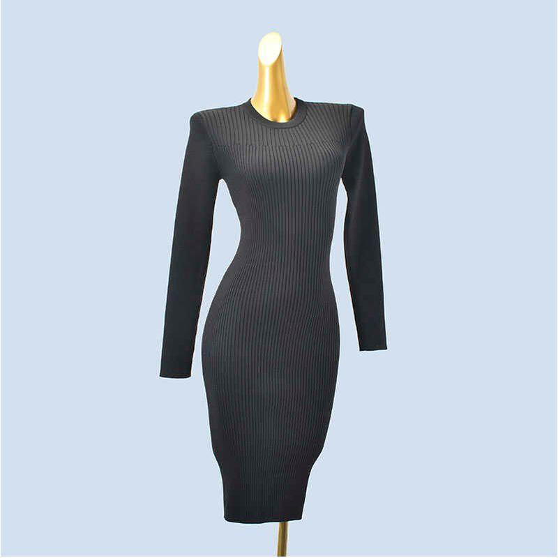 

Single Cut Brown round Neck Silm Sunken Stripe Long Sleeves Drape Mid Length Long Length Woven Sheath Pure Color Dress Inner Wear Bottoming Skirt Black micro-blemish Size S