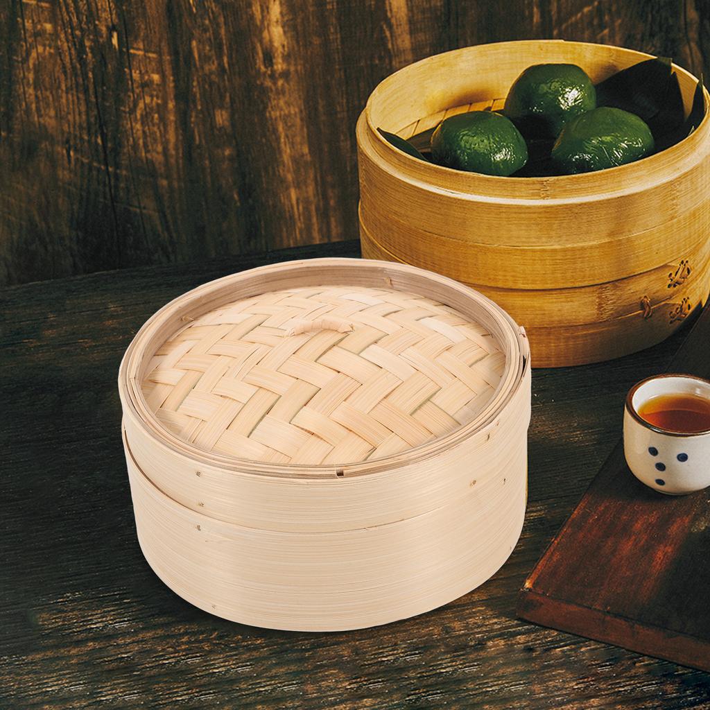 2Pcs 8 Inch Bamboo Steamer with Lid Woven Eco Friendly Kitchen Cookware for Chinese Dim Sum Steaming Lotus Leaf Style