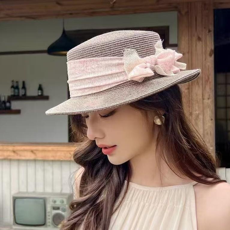 

Japanese high-end vacation style flat-top straw hat top hat women s summer sun protection versatile beach sun hat M（55-58cm）