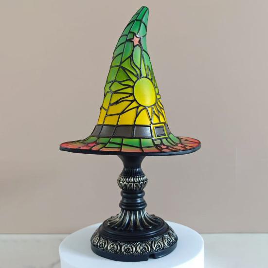 Stained Glass Witch Hat Lamp, USB Powered Night Light for Bedroom Shelf Decor, Halloween Warm Glow Gothic Table Lamp for Home