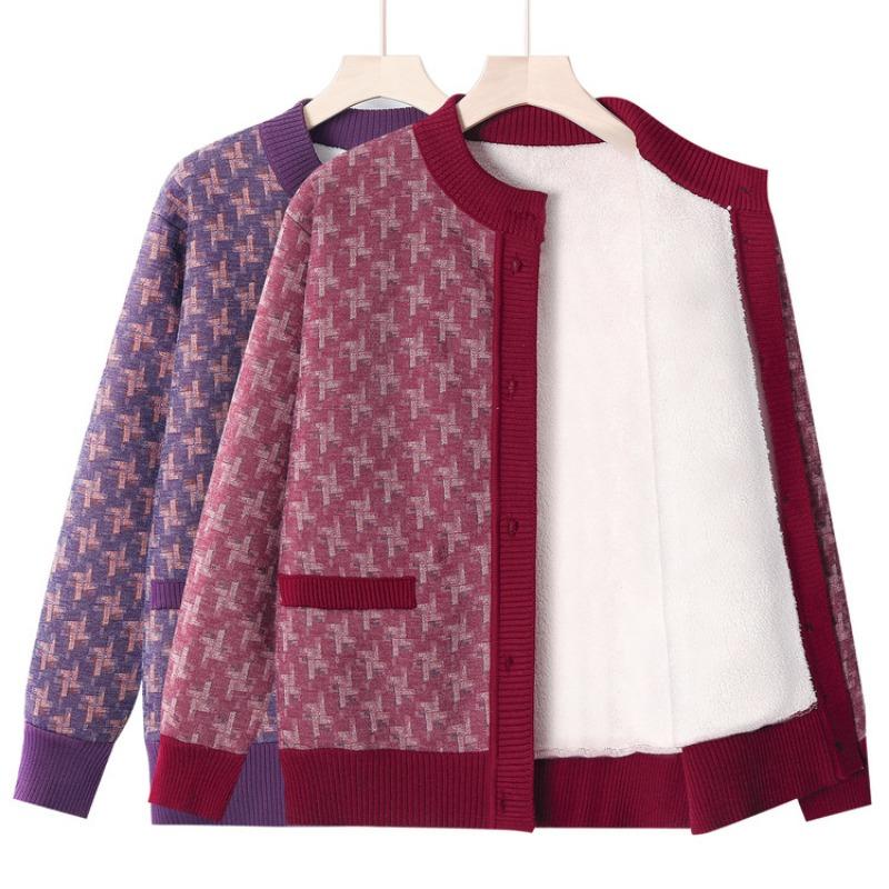 Mom Winter Knitted Sweater Medium and Old Women's Cardigan Winter Top Elderly Grandma Pocket Casual Sweater