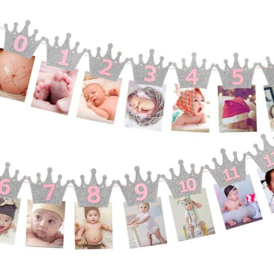1st Baby Birthday Party Glitter Crown Monthly Photo Banner 1-12 Months Garland