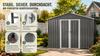 Metal Garden Shed 10x8 ft with Apex Roof in Grey as Outdoor Storage. The shed is equipped with an integrated floor frame. Floor area: 7.46 m².