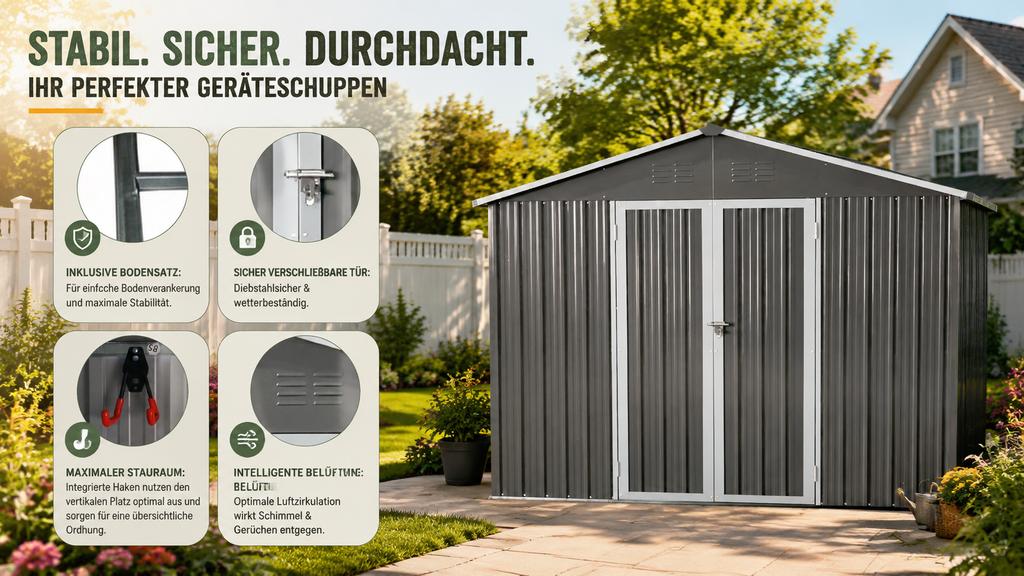 Metal Garden Shed 10x8 ft with Apex Roof in Grey as Outdoor Storage. The shed is equipped with an integrated floor frame. Floor area: 7.46 m².