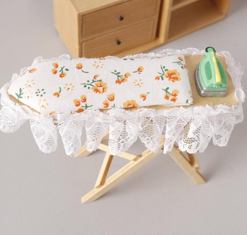 1:12 Dollhouse Miniature Wooden Ironing Board Mini Flat Iron Furniture Model Sewing Life Scene Decor Toy Micro Scene Props