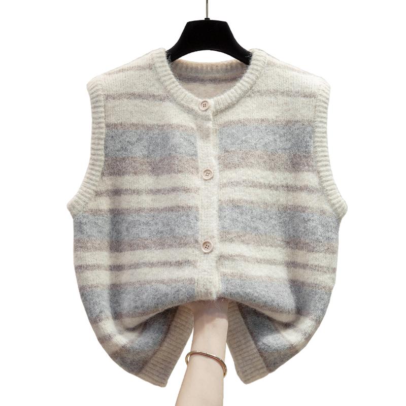 Striped Round Neck Knitted Vest for Women Autumn and Winter Loose Outer Knitted Vest Sweater