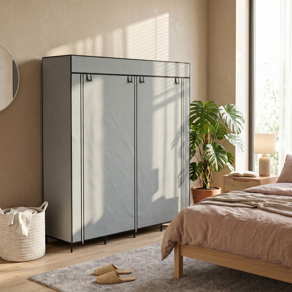 Wardrobe Fabric Wardrobe, Doors, 2 Clothes Rails, 10 Compartments, Grey