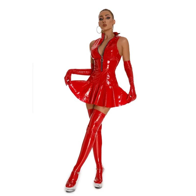 Women Sexy Glossy Leather Slip Dress Lady Erotic Shaping Pleated Short Dress PVC Zipper Porn Breast Exposing Latex Mini Dresses