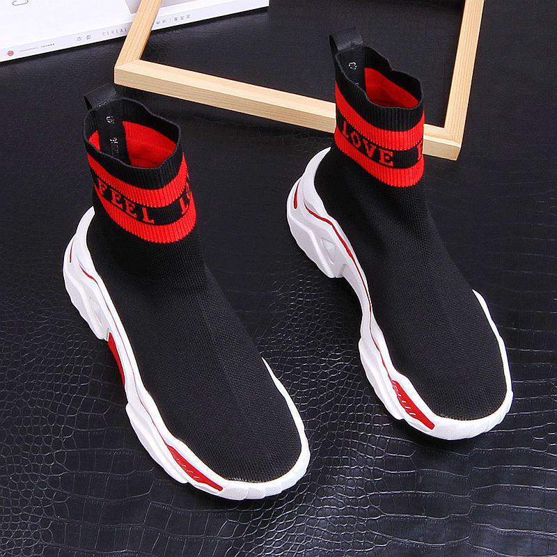 Men s Trendy High-Top Breathable Knit Ankle Boots with Hidden Heel 38 чёрный/красный