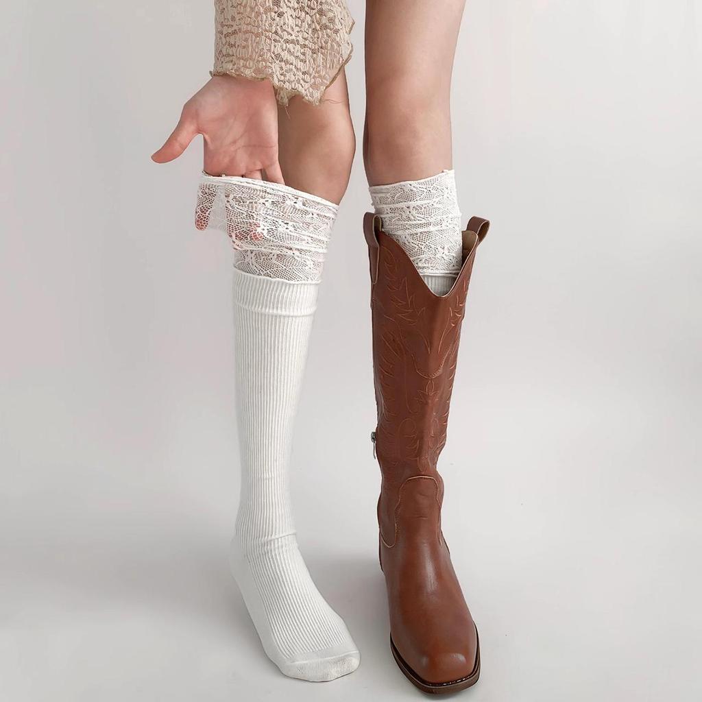 Women's Sexy Black Lace Splicing Stockings JK Lolita Lace-trimmed Spring Autumn Long Tube Socks Sweet Girls Over Knee Sock