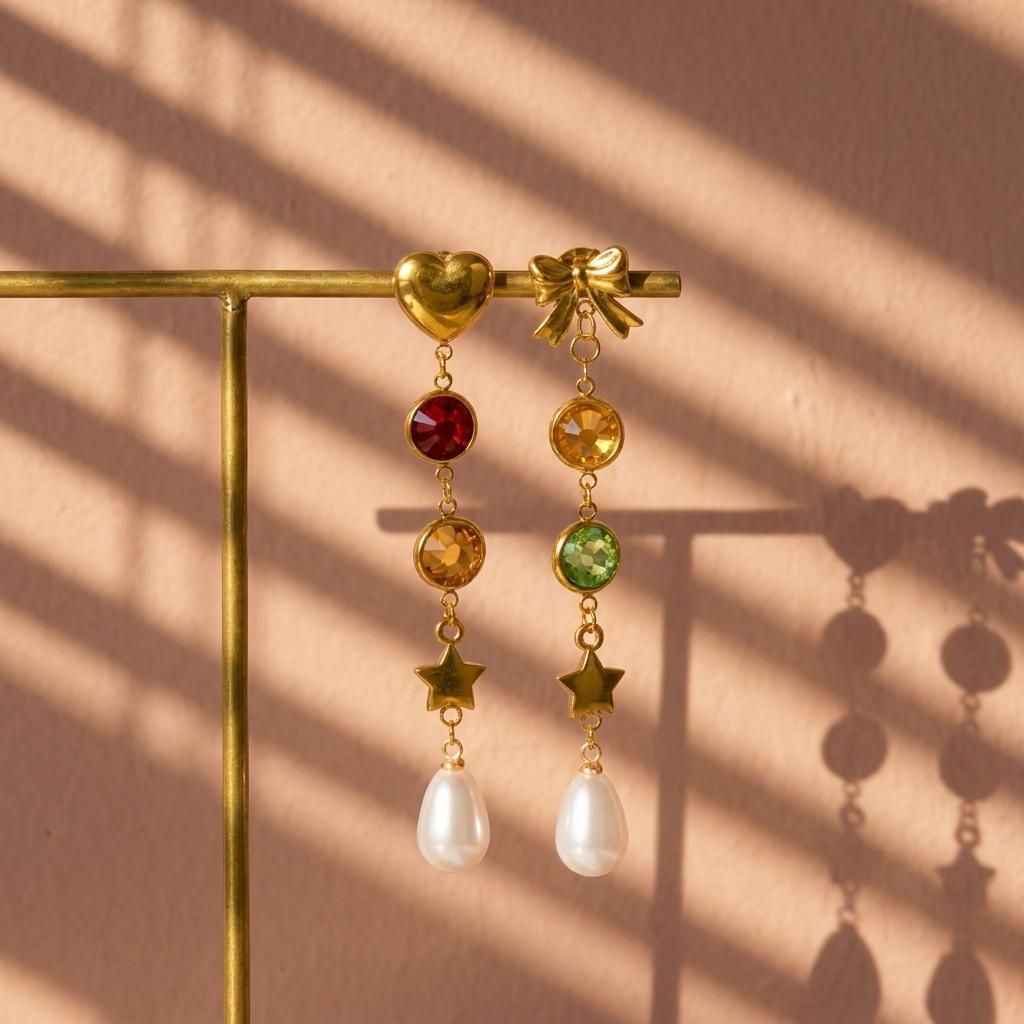 Stainless Steel Butterfly Heart Earrings for Women Colorful Crystal Imitation Pearl Tassel Long Drop Jewelry Party Accessories