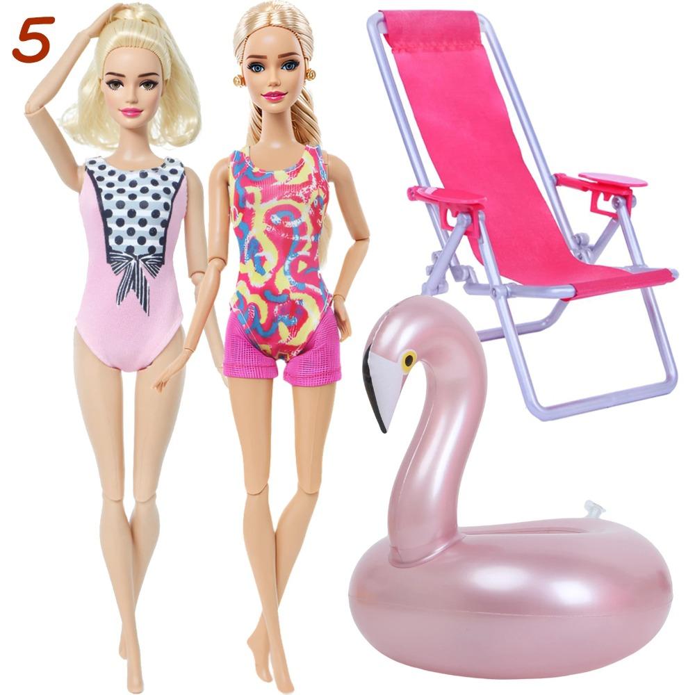 4 Przedmioty Akcesoria do Kostiumów Kąpielowych dla Lalki 2x Kostium Kąpielowy Bikini 1x Leżak Plażowy 1x Nadmuchiwany Koło do Pływania 30CM Ubranka dla Lalki 11,8 Calowa Zabawka Lalka
