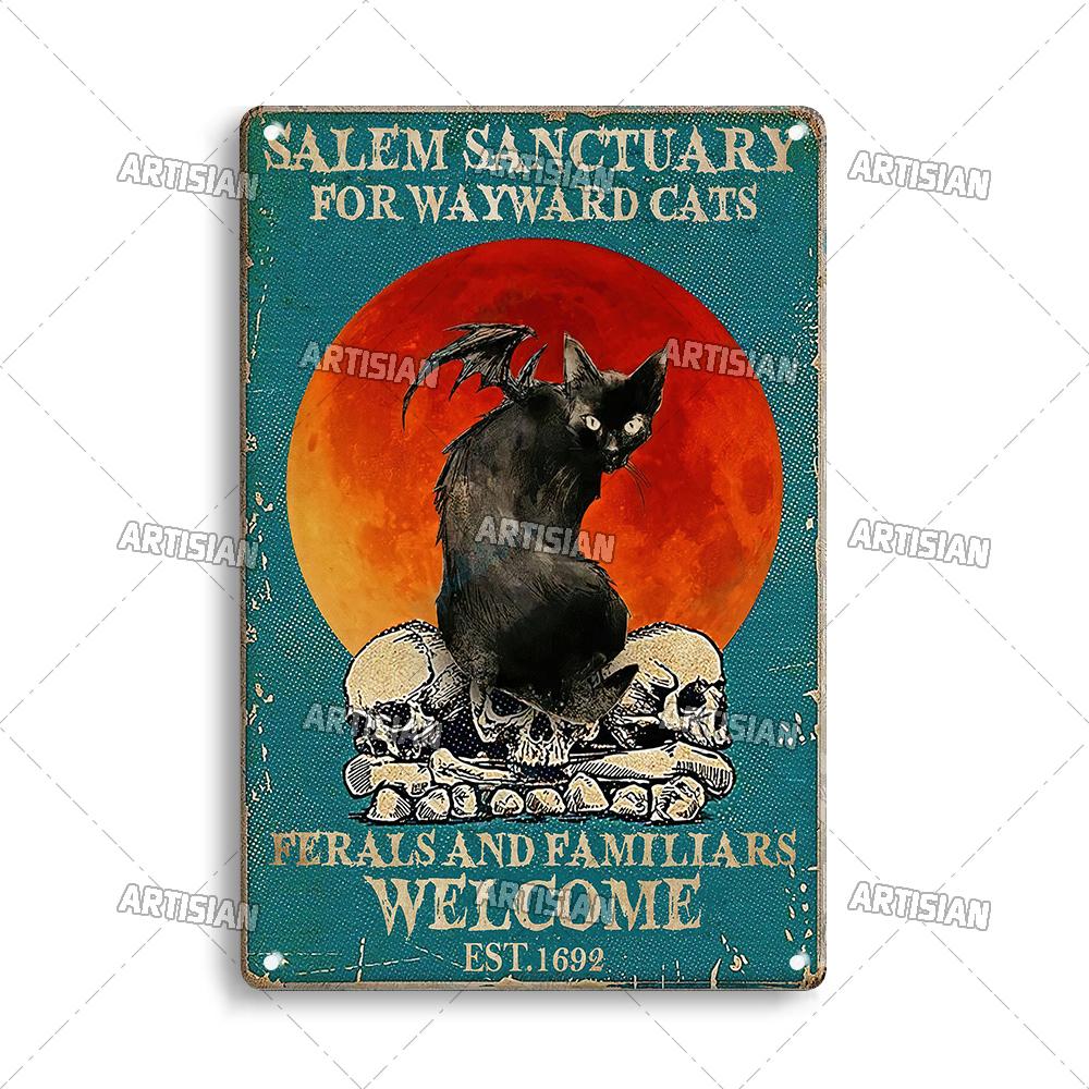 Mfoever  Artisian Funny Pet Retro Metal Sign Salem Sanctuary Cat Vintage Decorative Tin Plate Bar Pub Club Home Man Cave Wall Decor