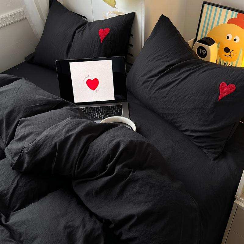 Cool Black Duvet Cover Set Ins Nordic Embroidery Heart Bed Sheet Set Of Four Pieces Home Luxury Bedding Set For Girls