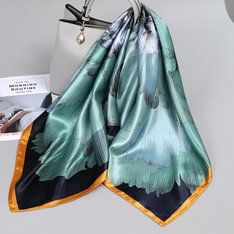 90*90Cm Women Elegant Floral Printed Square Imitation Silk Scarf Hijab Women Luxury Sunscreen And Dustproof Kerchief Head Scarf