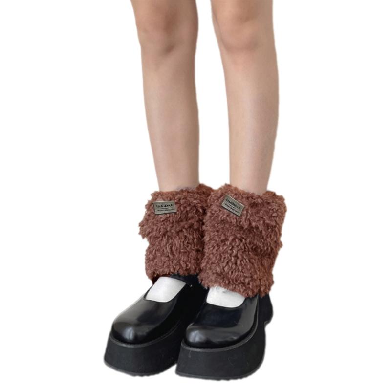 Women Furry Leg Warmers with Letter Label Aesthetic Winter Warm Fuzzy Plush Boot Cuffs Leg Gaiters Socks Streetwear