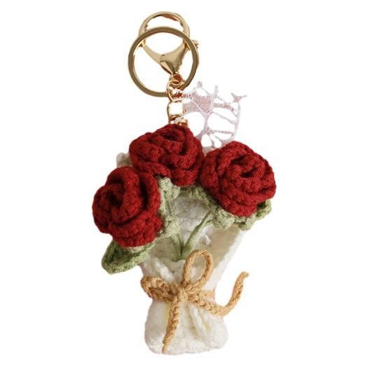 Keychain Pendant Hand Crocheted Flower Key Chain Colorful Yarn Roses Sunflower Charm Key Holder Bag Car Key Accessory