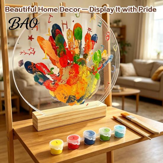 Durable Wood Base Display DIY Handprint Kit, Transparent Acrylic Panel And Art Preschool Classroom Supplies Project, Handmade Memory Keepsake