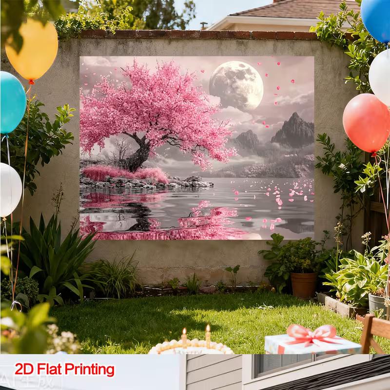 2D Nature Moonlit Lake with Sakura Tree Wall Art Tapestry