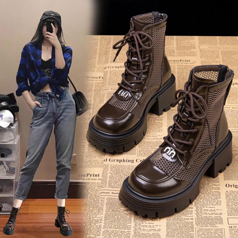 Miękkie skórzane ażurowe modne botki damskie na grubej podeszwie nowe letnio-jesienne ażurowe oddychające botki siateczkowe damskie buty podwyższające damskie