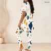 Women Plus Size Geometric Printed Round Neck Short Sleeve Long Top Fitted Pants Two Piece Set