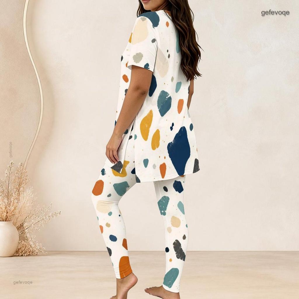 Women Plus Size Geometric Printed Round Neck Short Sleeve Long Top Fitted Pants Two Piece Set