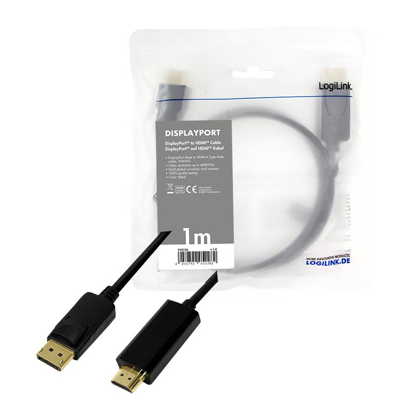 Logilink DisplayPort Cable, DP/M To HDMI-A/M, 4K/30 Hz, Black, 1 M