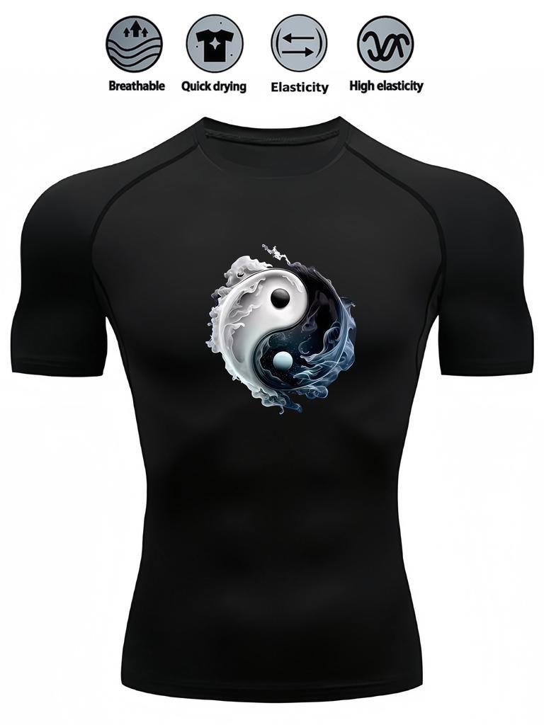 Mens White Compression Short Sleeve T-Shirt Yin Yang Graphic Quick Dry Breathable High Elasticity Gym And Running Athletic Top