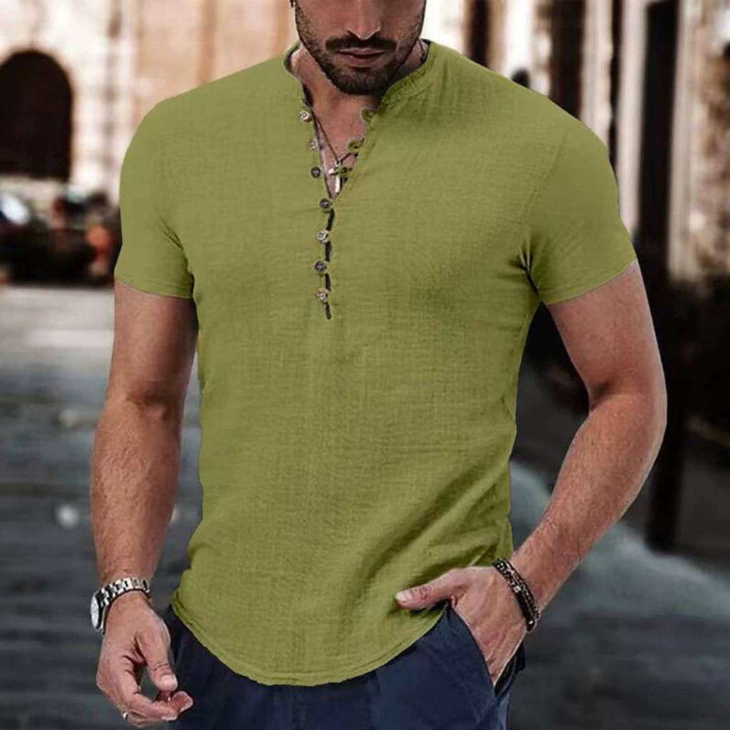 Homme Manches Courtes Été Coton Chanvre Coton Fin Décontracté Couleur Unie Lâche