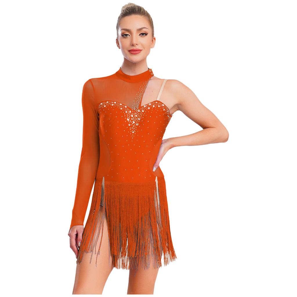 Damen Latin Tango Tanzkostüm Durchsichtiges Netz Patchwork Cut-out Rücken Funkelnde Strasssteine Asymmetrisches Fransenkleid