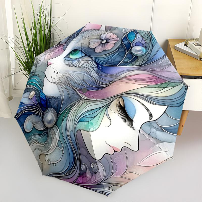 

1pc Floral Fantasy Unique Cat & Flower Design Automatic Folding Umbrella, Perfect for Fans, Travelers, Everyday Use, Festive Gift with 8-Bone Iro