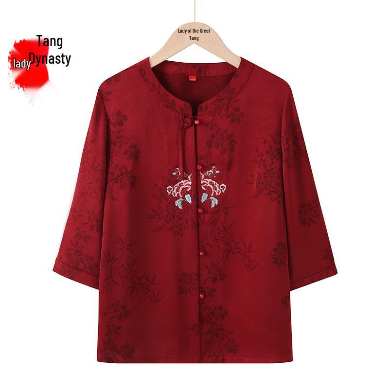 Datang Furen New Chinese Style Embroidered Bamboo Leaf Print Shirt L