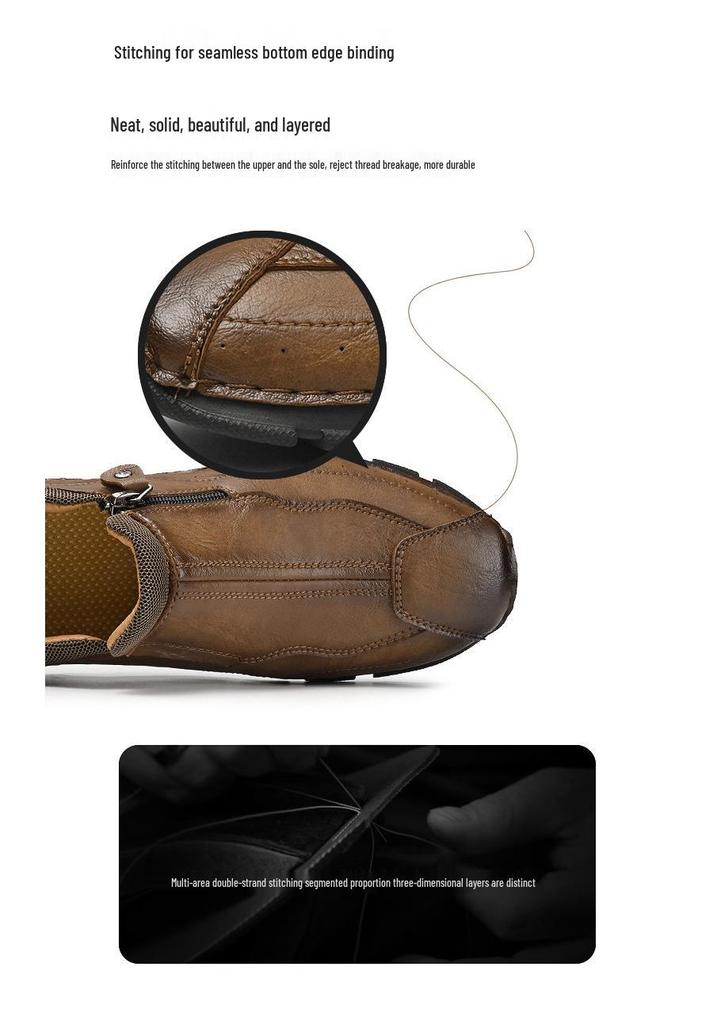 Men's Plus Size Leather Slip-On Shoes with Side Zipper - Lightweight, Breathable, and Handmade for Casual Wear