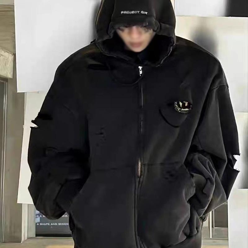 

GR Black Distressed Double Layer Zipper Hoodie with Set-in Sleeves Large мити чорний колір