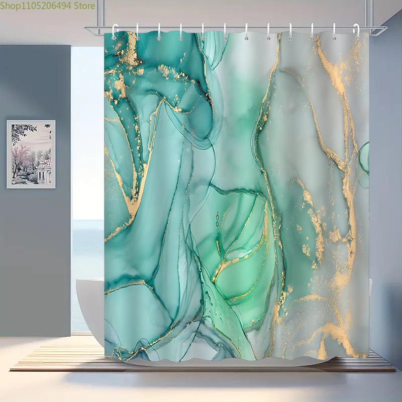 1pc Modern Marble Pattern Shower Curtain - Elegant Blue & Golden Vein Design, Durable Polyester, Machine Washable, Stylish Bat