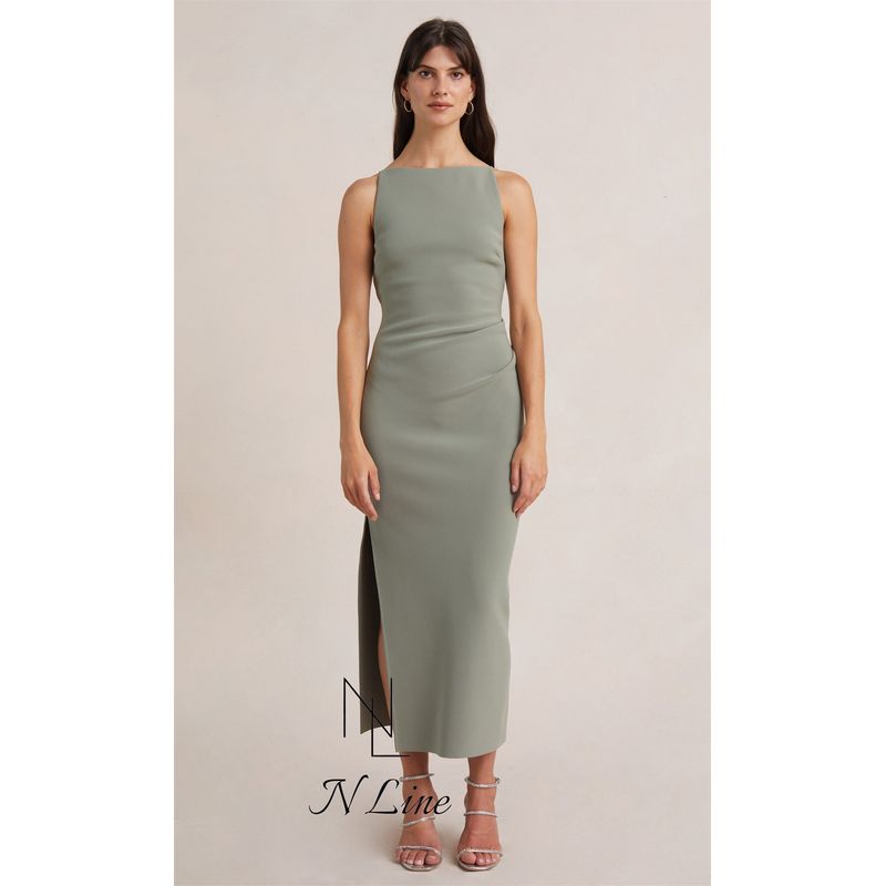 

Модное прямое платье Bec + Bridge 24 Модное сексуальное платье с квадратными плечами, драпировкой и разрезом, юбка миди Green XS/6