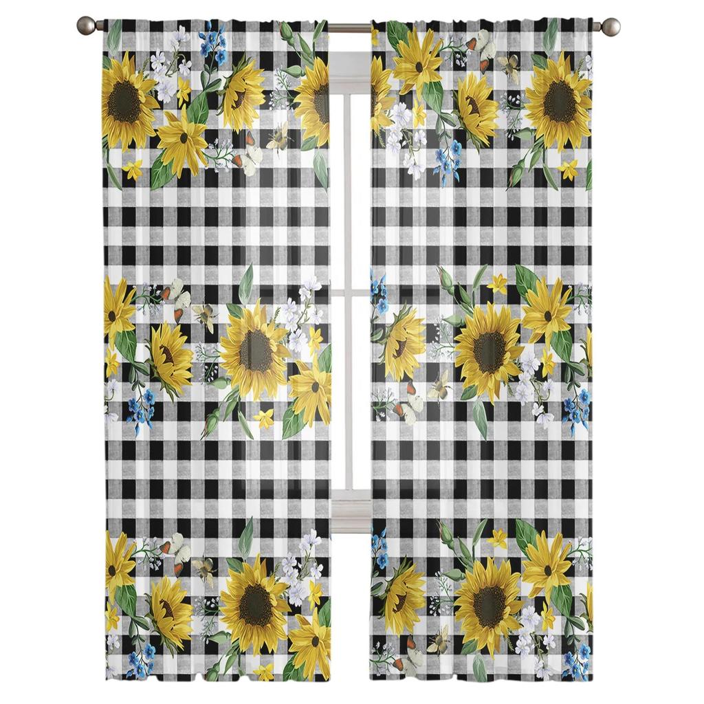 Sommer-Sonnenblumen-Blume, kariert, durchsichtige Vorhänge für Wohnzimmer, Schlafzimmer, Dekoration, Chiffon, Tüll, Voile, Küche, Fenstervorhang