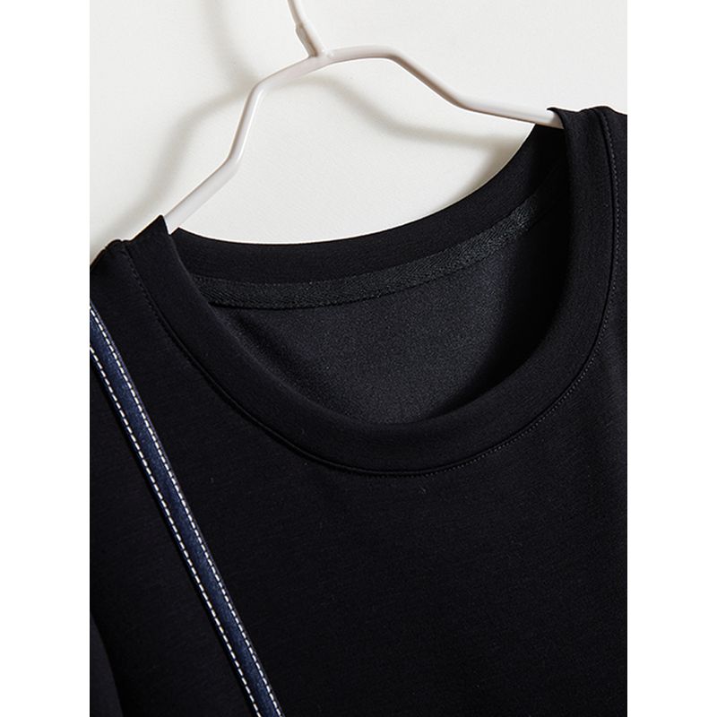 Variety Lady Fake Two-Piece Skirt! Summer round Neck Washed Anti-Wrinkle Denim Cotton Strap Element A- line Dress