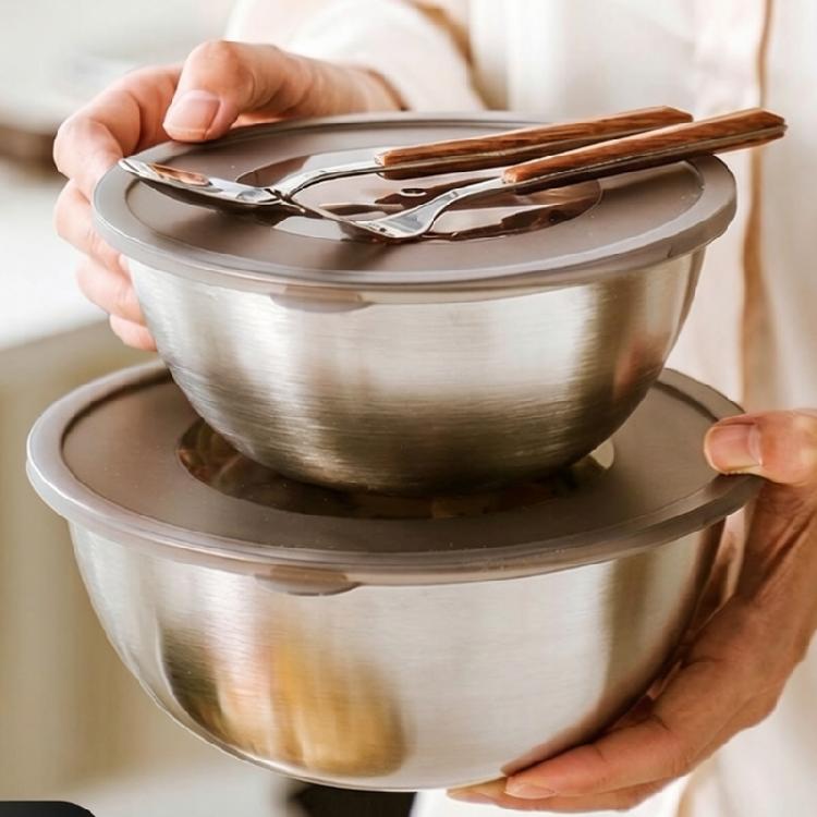 Modern Stainless Steel Mixing Bowl Set Space Saving Stackable Transparent Cover Food Storage Container