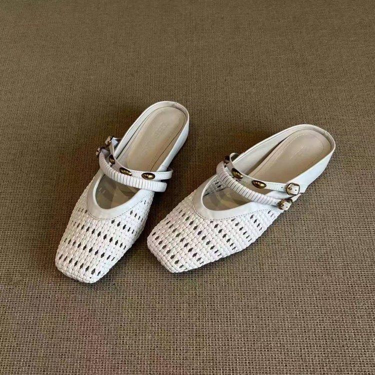 Soft Leather Version~ Versatile Black Hand-woven Hollow Breathable Bag Head Shoes Women's Metal Word with Square Head Half Slippers
