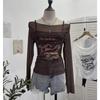 2KWEIRD Women Retro Y2K Hot Girl One Shoulder Mesh Sunscreen Cover Up Camisole Long Sleeve T-Shirt Two-piece Tops Suit Daily Outfit