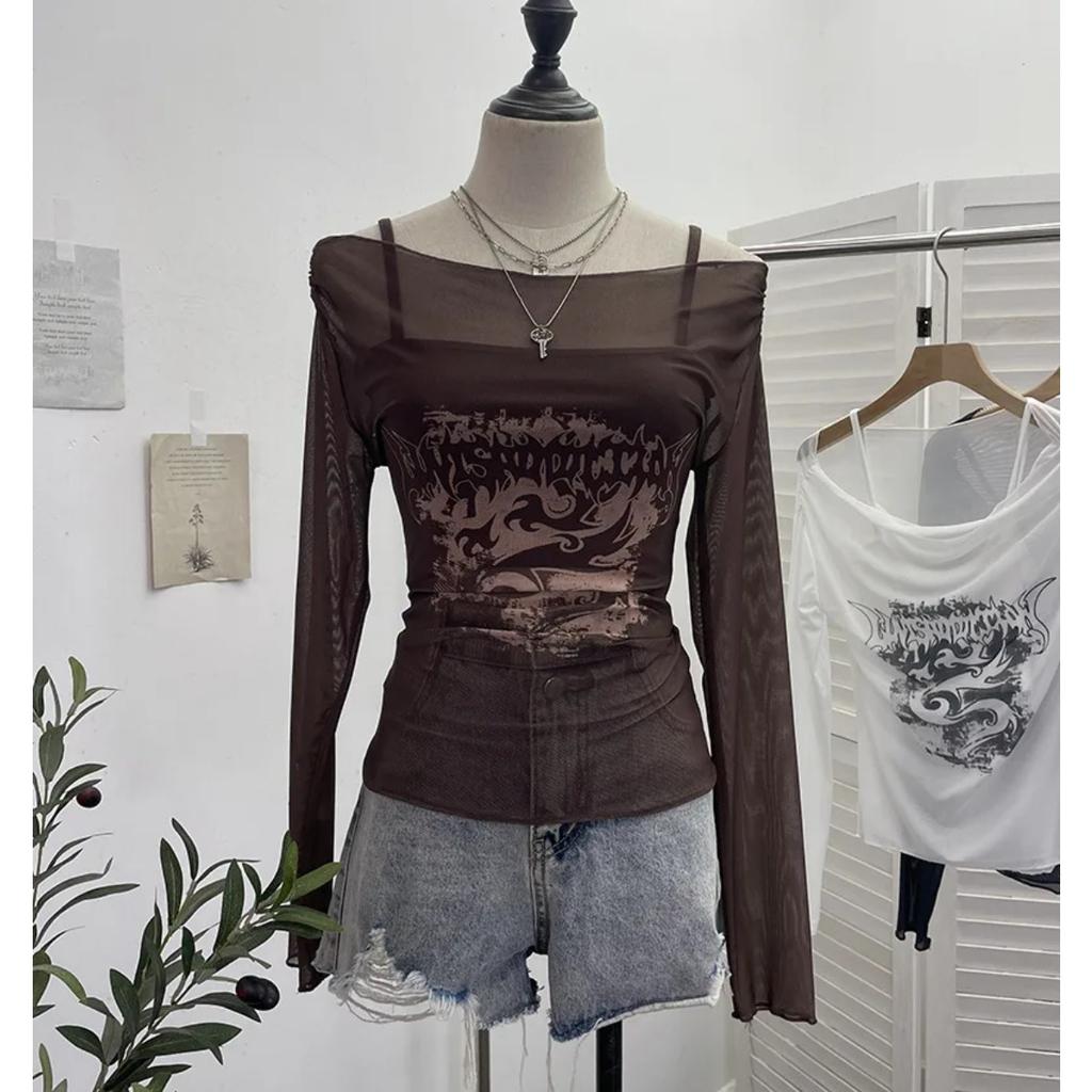 2KWEIRD Women Retro Y2K Hot Girl One Shoulder Mesh Sunscreen Cover Up Camisole Long Sleeve T-Shirt Two-piece Tops Suit Daily Outfit