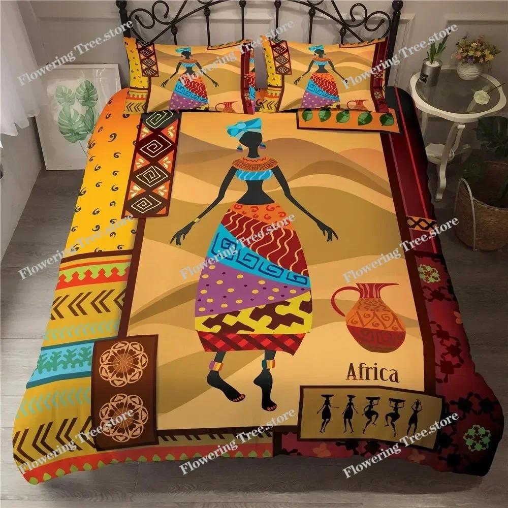 African Woman King Queen Duvet Cover Retro Exotic Tribal Black Girl Pattern Bedding Set Africa Polyester Quilt Cover Pillowcase0