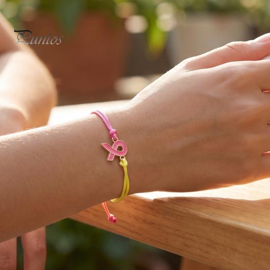 Soft Woven Rope Jewelry 2 Pcs Breast Cancer Awareness Bracelets, Adjustable Braided String Stackable Wrist Accessories Bracelets with Ribbon