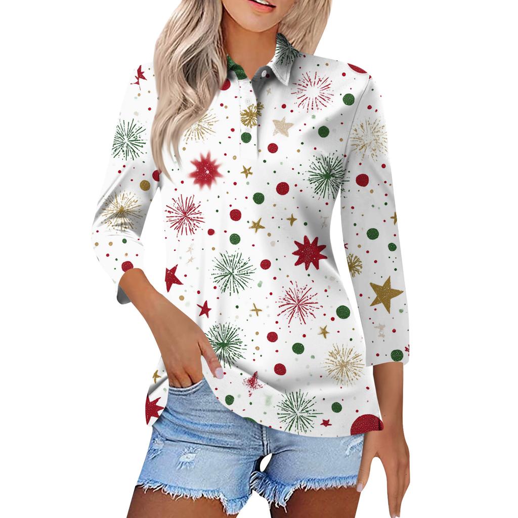 Women's Fashion Casual Button 3/4 Sleeve Vintage  Print Lapel Top