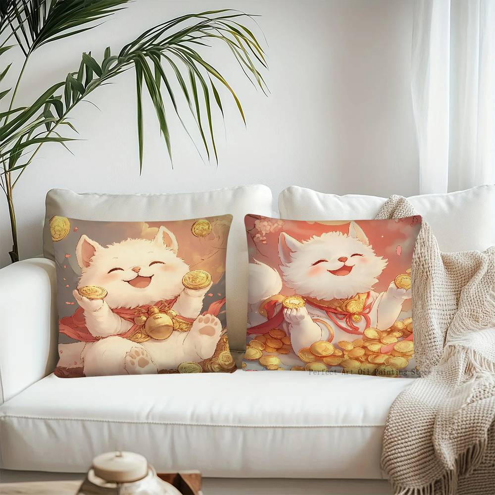 Cute Lucky Cat Pillow Case Fashion Square Pillowcase Bedroom Sofa Room Ins Decoration Leisure
