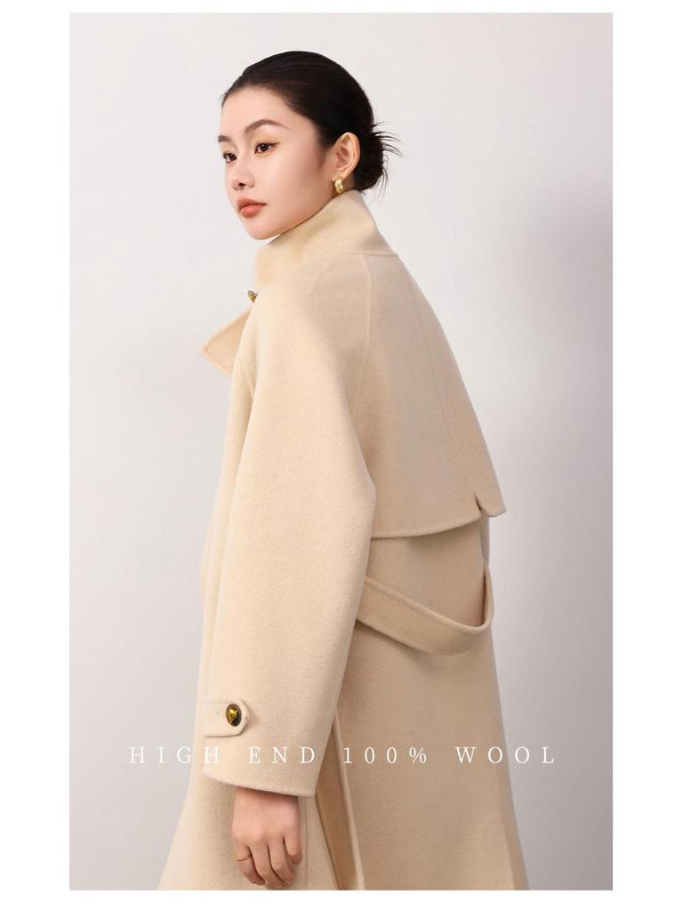 Double-Sided Cashmere Wool Coat, Women's 2024, 100% Wool, Stand Collar, Hepburn Style, Long and Loose Fit.