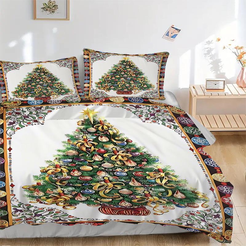 3pcs Christmas Tree with Star Beaded Holiday Bedding Set Includes One Quilt Cover and Two Pillowcases (No Core) - Festive Decorative Bedding for Bedro