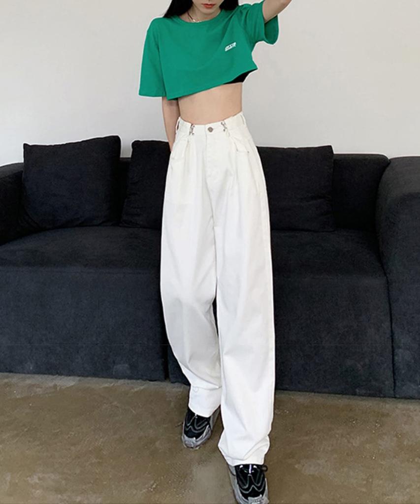 Aimoha Denim Pants with Waist Baggy Zip White Size White Women's High-Waisted Tucks, Silhouette, Fly, Denim, XL,